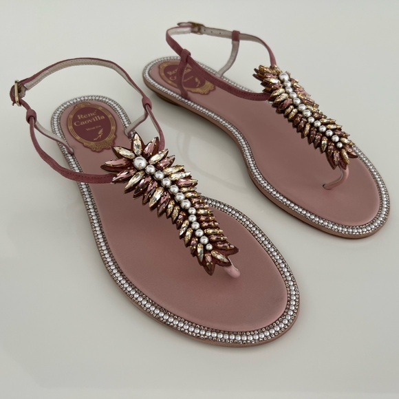 RENE CAOVILLA BLUSH CRYSTAL PEARL EMBELLISHED SANDALS SIZE IT 38.5 / US 8.5 NEW! - Picture 10 of 17